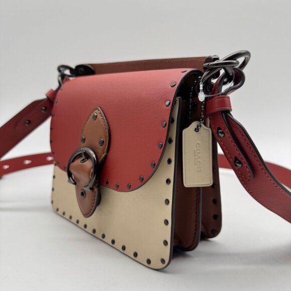 COACH Beat 18 rivets leather shoulder crossbody bag -Red Sand Ivory Tan - Picture 3 of 13
